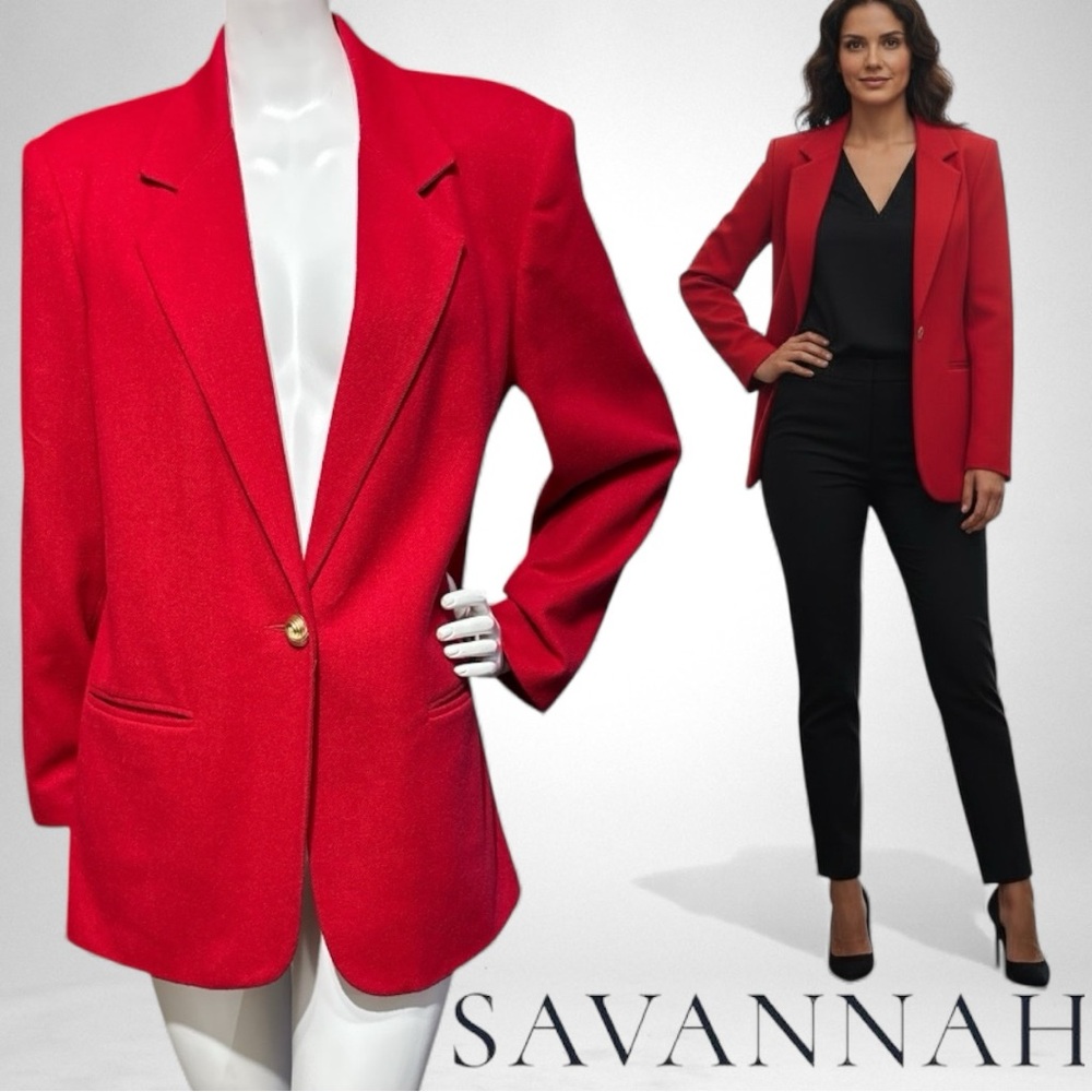 SAVANNAH Red 100% Wool Blazer Classic Notch Lapel Gold Button Pockets Lined Sz 8